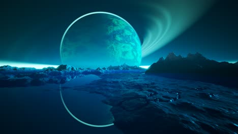 alien mystery planet reflection in big sea or lake surrounded by mountain landscape. fantasy alien view with moon like unfamiliar celestial object reflecting over water covered in hazy fog.