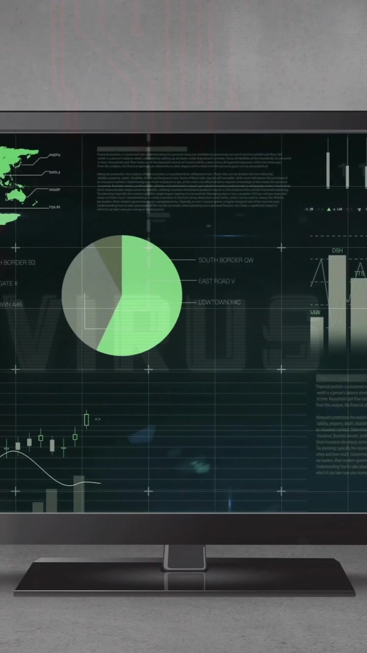 Animation of data processing and diagrams over computer screen