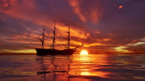 large medieval ship on the sea on a sunset. the old medieval ship gracefully sails in the open sea