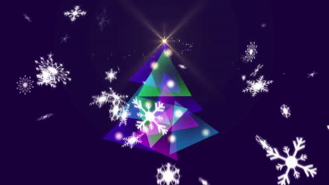 snowflakes falling over digital christmas tree against blue background