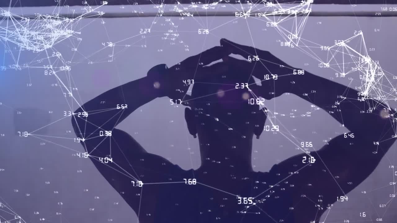 의사소통 네트워크의 애니메이션과 운동하는 남성 운동 선수의 뒤쪽 시야에 대한 데이터