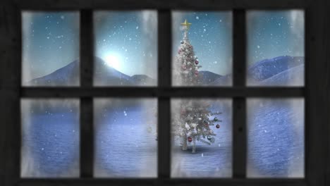 Animation-of-window-view-of-christmas-tree-and-winter-landscape