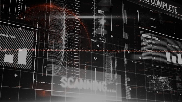 Animation of text and digital data processing over black background