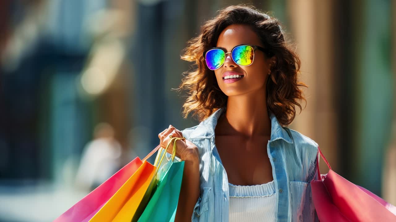A stylish young woman enjoying a vibrant day outdoors, showcasing colorful shopping bags while wearing trendy sunglasses, radiating joy and self-expression in a fashionable urban setting