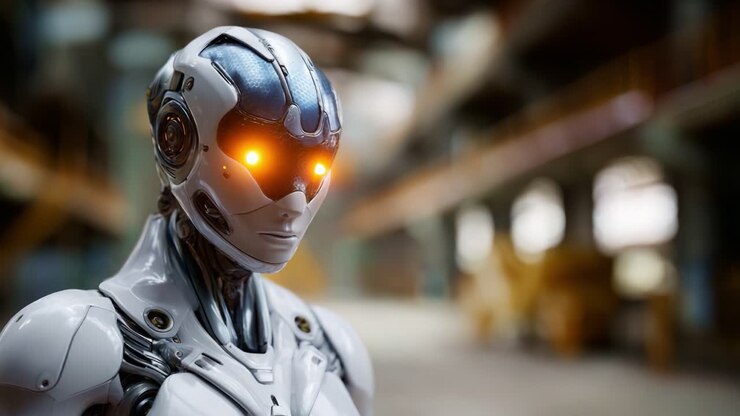 Robot umanoide futuristico con occhi luminosi, che mette in mostra tecnologia e design avanzati in un ambiente industriale. Il robot rappresenta l'innovazione nella robotica.