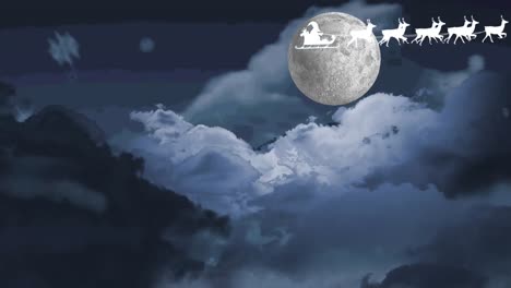 Animation-of-santa-claus-in-sleigh-with-reindeer-over-clouds-and-moon