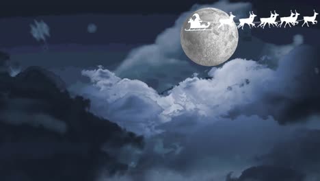 animation of santa claus in sleigh with reindeer over clouds and moon