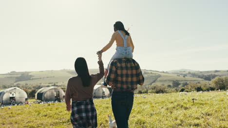 Family-is-walking-on-farm,-agriculture