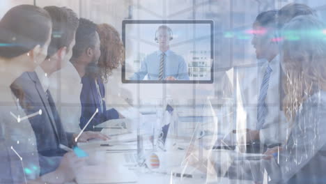 animation of network of connections over business people in video meeting in office