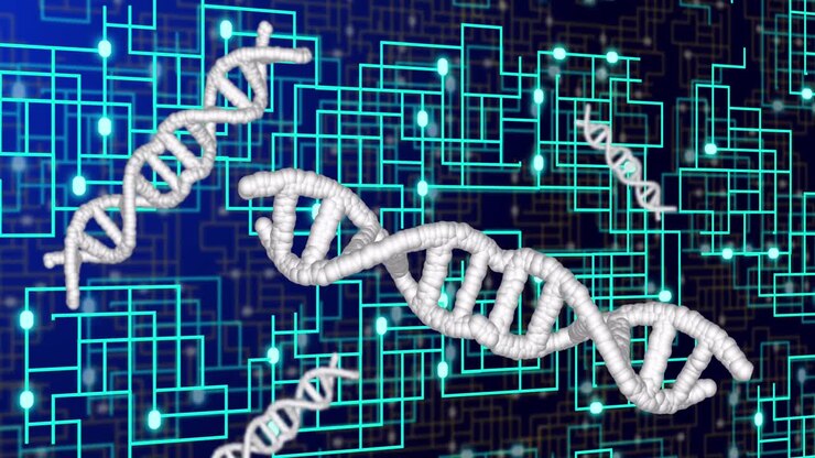 Animation of dna strands over network of connections