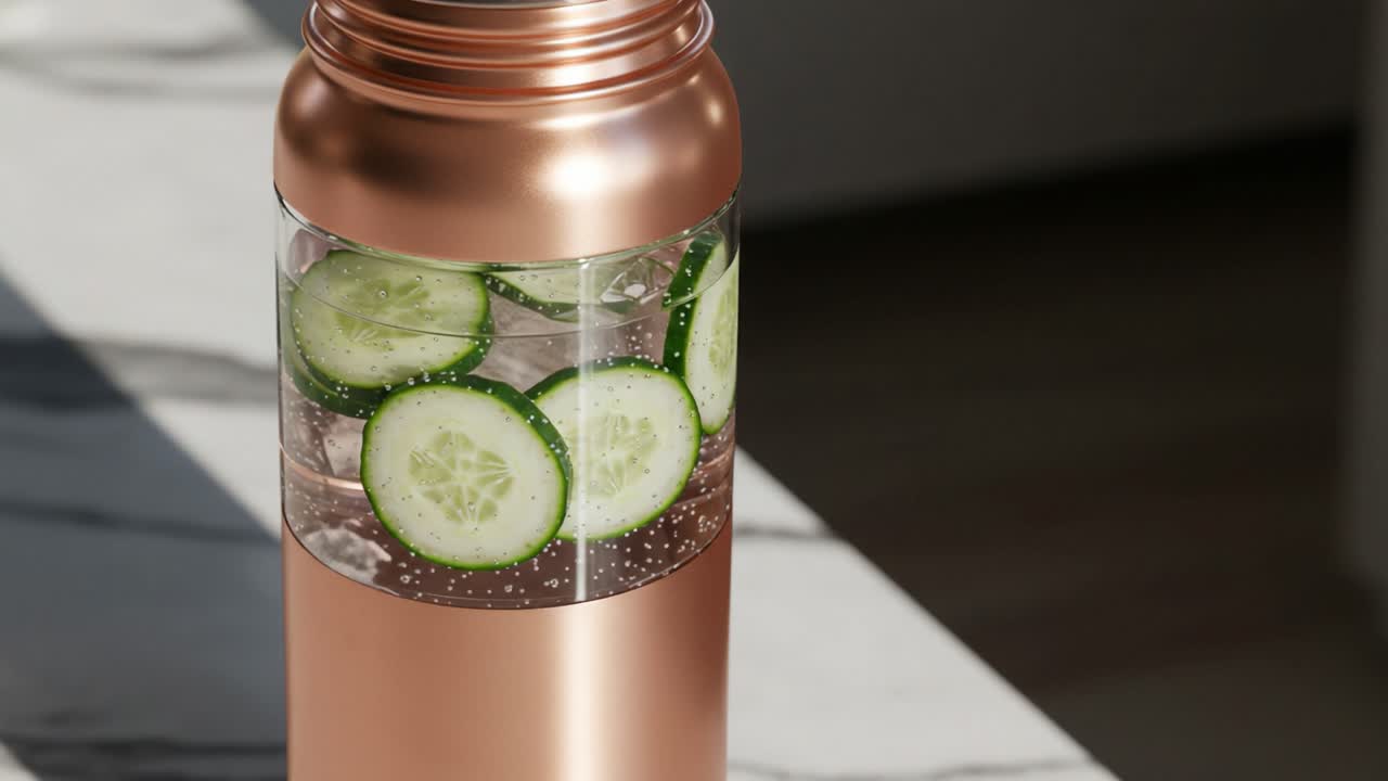 Refreshing Infused Water in a Stylish Copper Infuser, Featuring Crisp Cucumber Slices and Bubbling Sparkling Water on a Marble Countertop