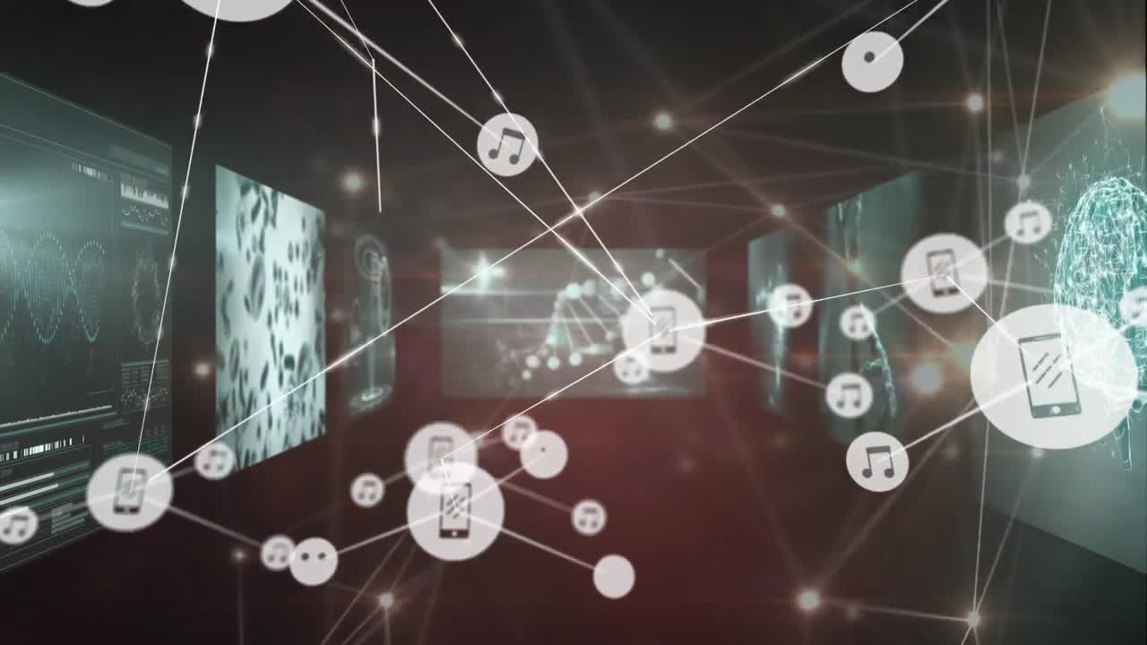 배경에서 여러 분자 인터페이스를 통해 선으로 연결된 아이콘의 애니메이션