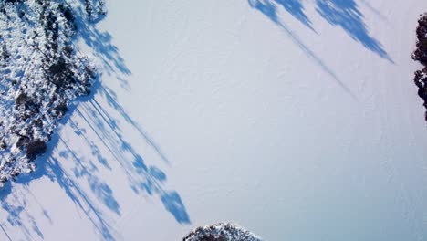 aerial birdseye view of snowy bog landscape with frozen lakes in sunny winter day, dunika peat bog , wide angle drone shot moving backwards