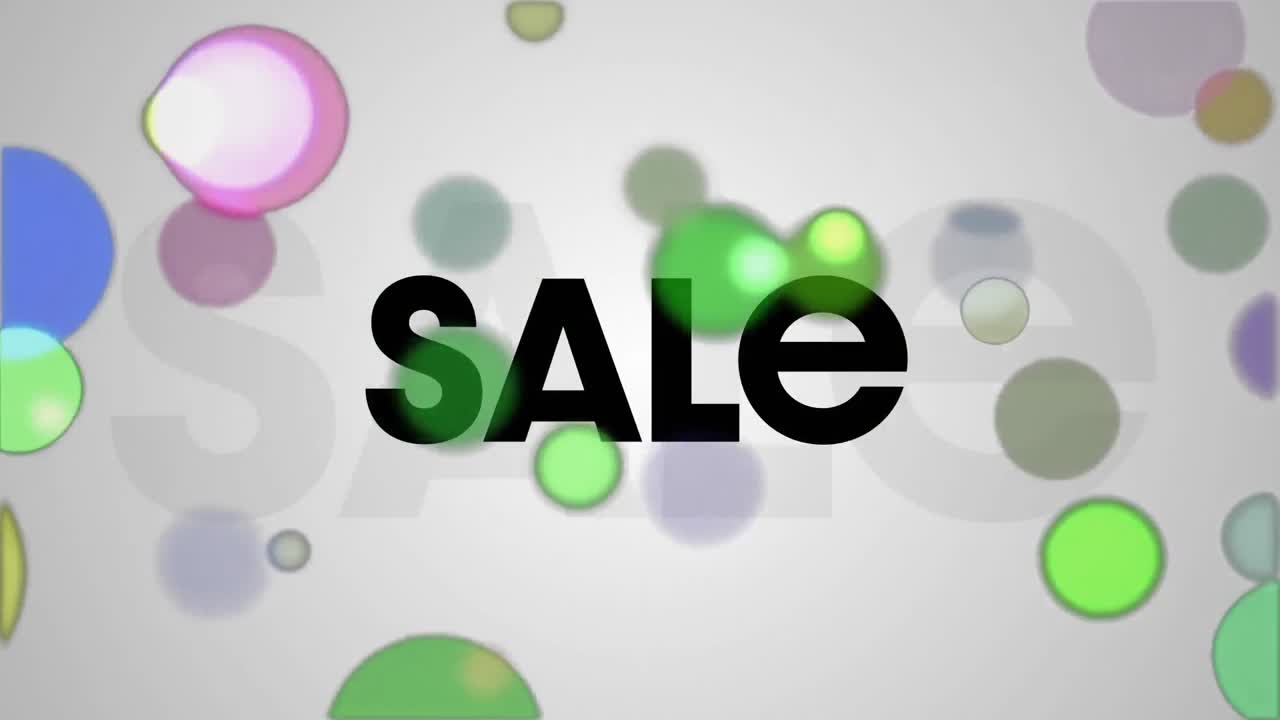 판매 텍스트와 검은색 배경에 다채로운 점의 애니메이션