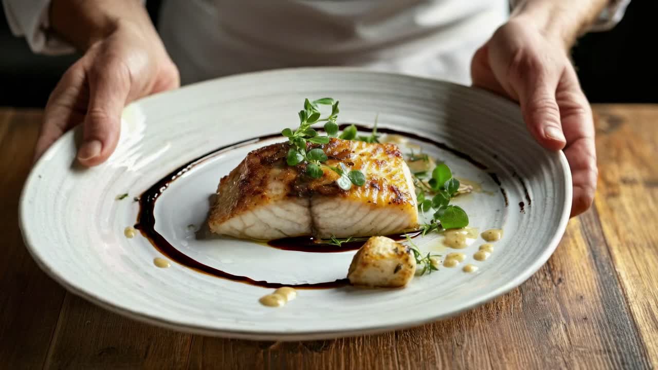 Close-up video still of hands presenting a gourmet dish with grilled fish, herbs, and sauce