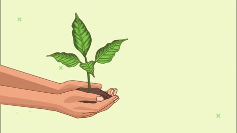 vamos a salvar el mundo animación con las manos levantando planta
