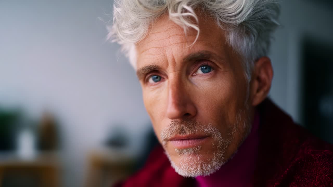 Ritratto intenso di una persona pensierosa con lineamenti straordinari e capelli particolari in un ambiente con illuminazione soffusa che cattura profondità ed emozione