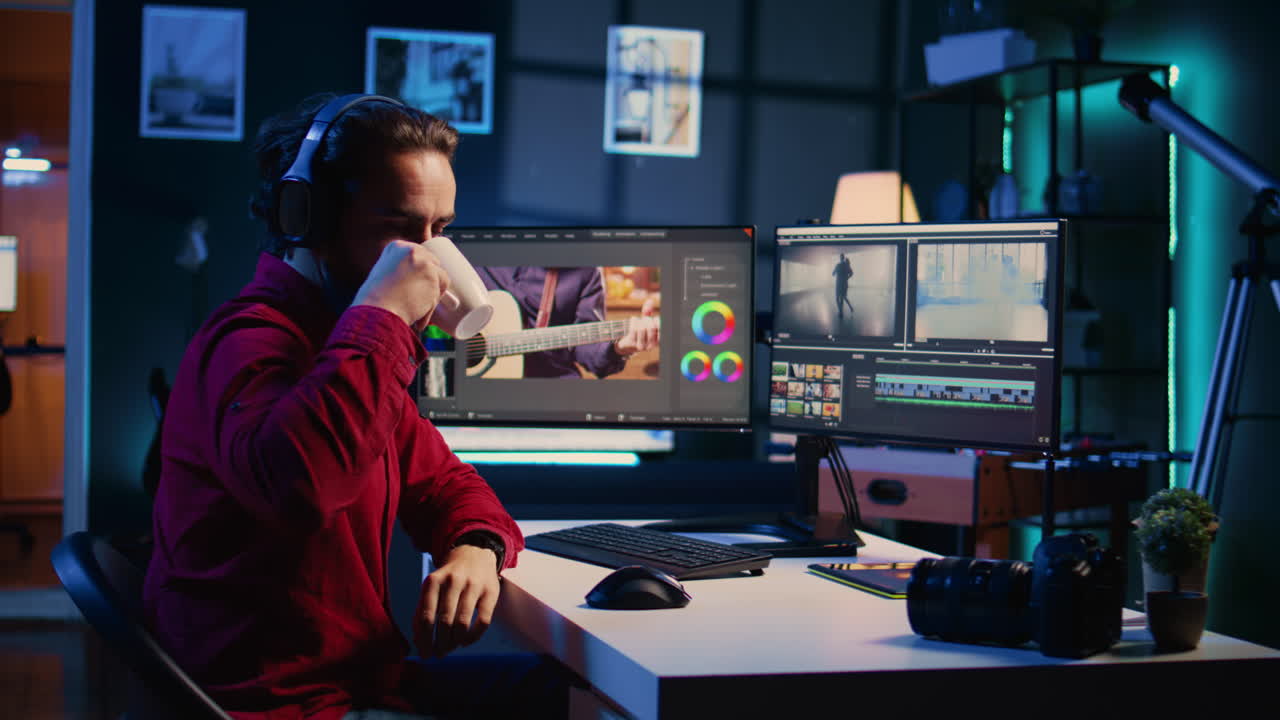 freelancer agrega efectos de sonido a las imágenes filmadas, trabajando en un estudio casero