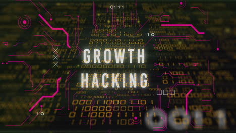 animatie van growth hacking tekst over het netwerk en verwerking van gegevens op zwarte achtergrond