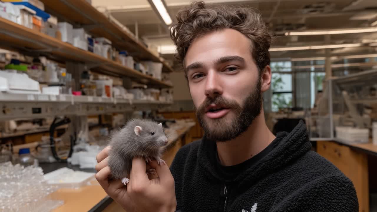 A Researcher in a Laboratory Smiling While Holding an Adorable Gray Animal, Showcasing the Joy of Scientific Exploration and Animal Study in a Modern Lab Environment
