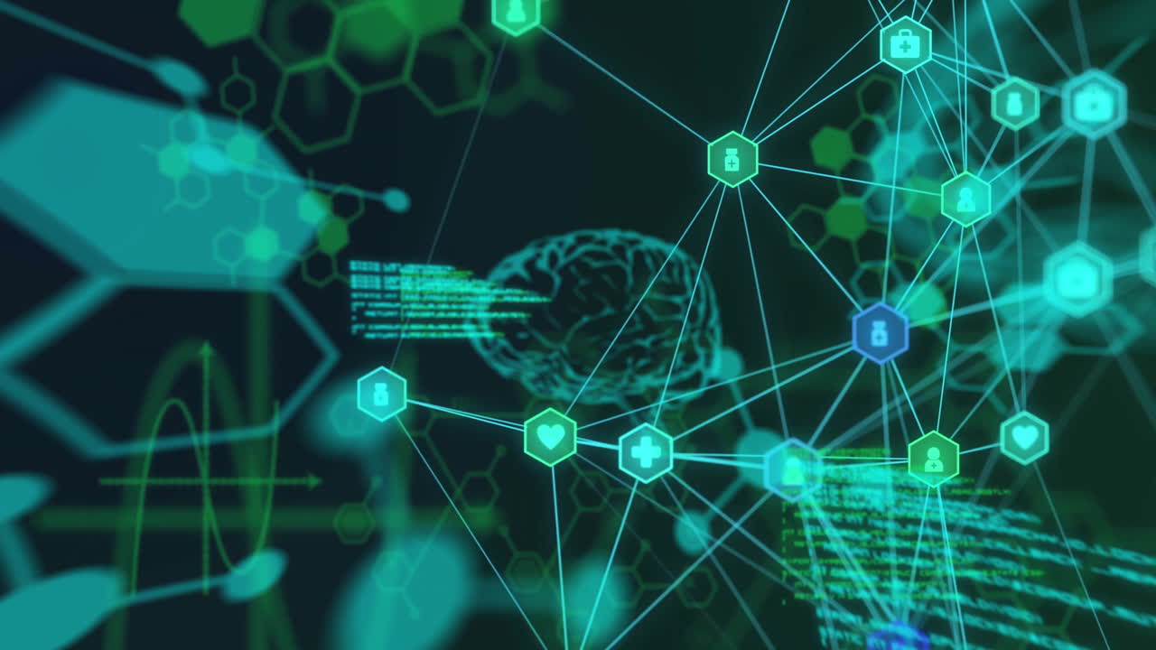 Animation of network of connections and scientific data processing with human brain