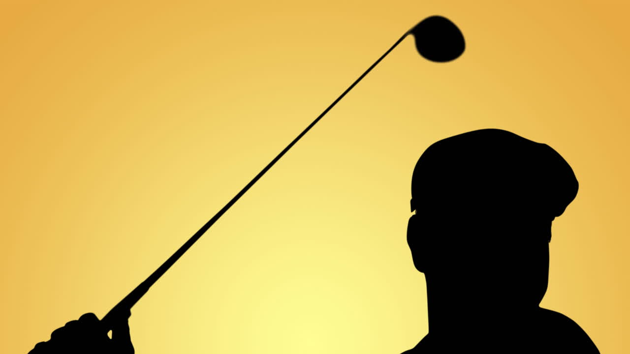 노란색 배경에 남성 골퍼 스 ⁇  클럽의 실루 ⁇  애니메이션