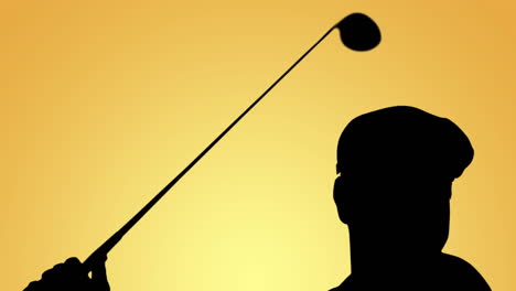 animation of silhouette of male golfer swinging club on yellow background