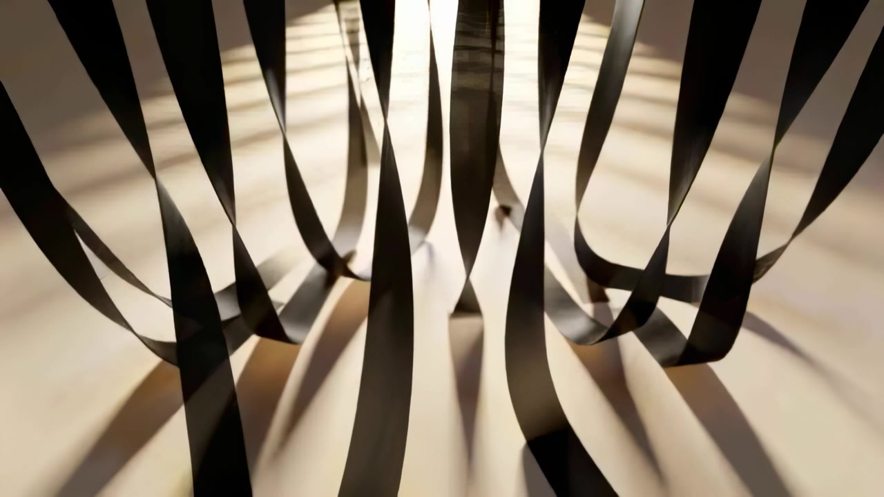 Swaying from air current, narrow black strips shifting above beige surface casting parallel shadows