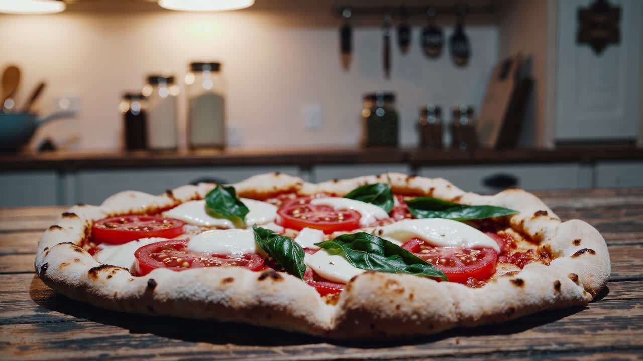 Primo piano video di una pizza rustica su un tavolo di legno, che mostra pomodori freschi, mozzarella
