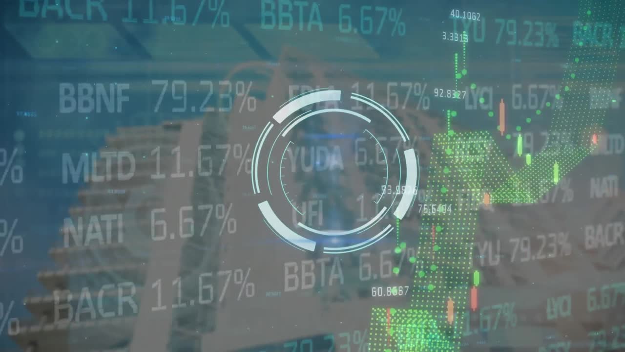 Animation of scope scanning and stock market with data processing over buildings