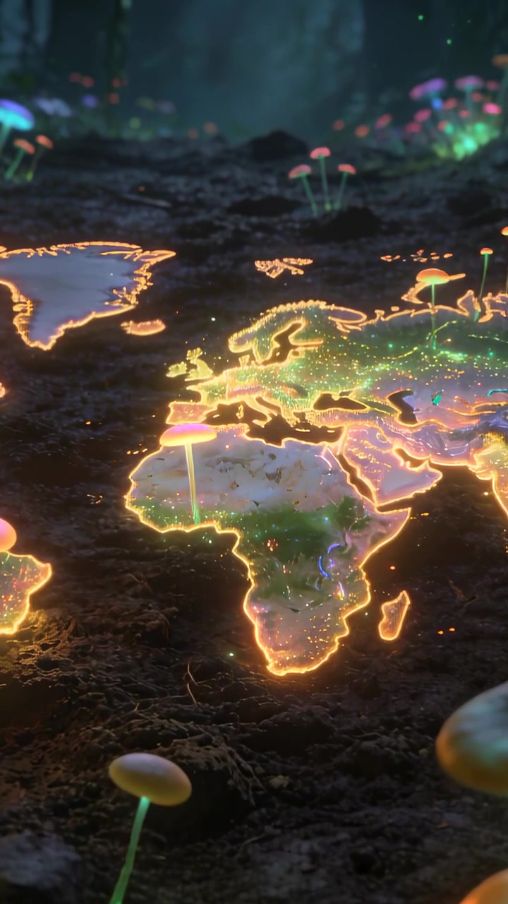 Video verticale: Particelle che si alzano e accendono una mappa del mondo luminosa che pulsa su terreno muschioso, con funghi