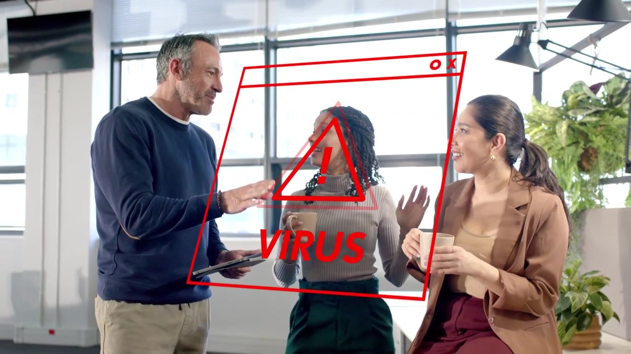 Man tapping tablet, team with mugs, red VIRUS overlaying group and glitching, warning security risk