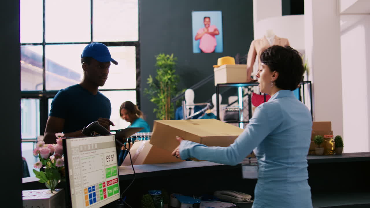 el repartidor muestra el informe de embalaje.