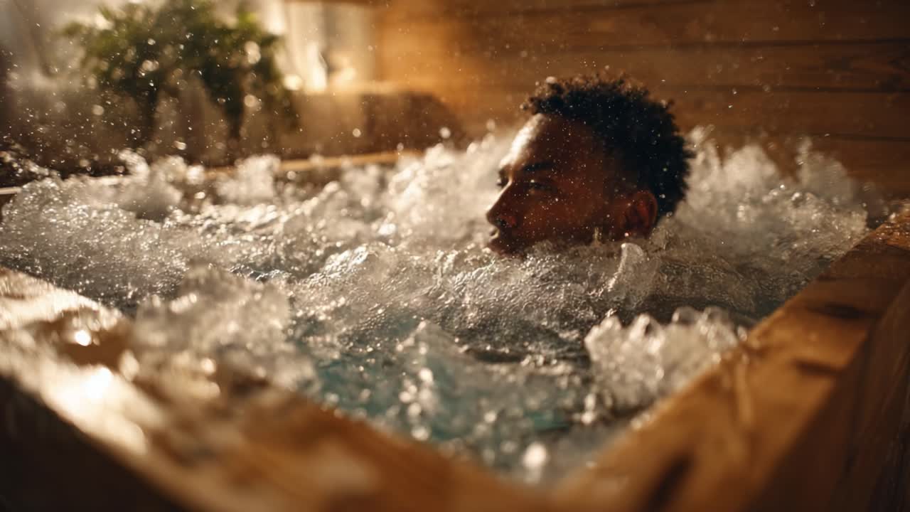 A Tranquil Escape: A Person Relaxing in a Bubbling Hot Tub Surrounded by Soothing Water and Soft Light, Capturing Moments of Serenity and Calm