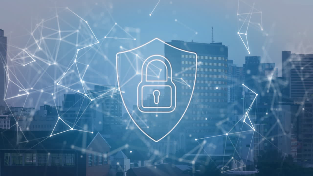 animación de ciberseguridad de bloqueo y escudo sobre el paisaje urbano con conexiones de red