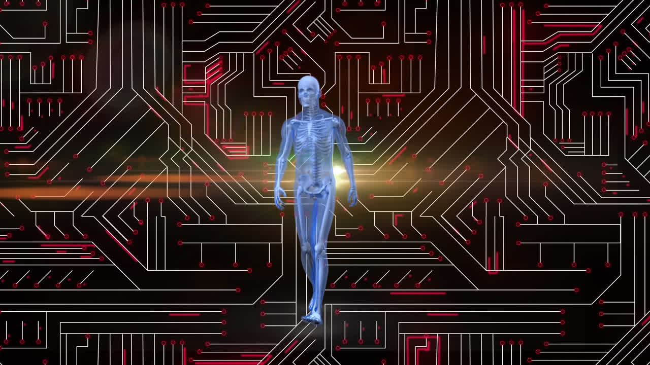 Animazione dell'elaborazione dei dati e modello del corpo umano su sfondo scuro