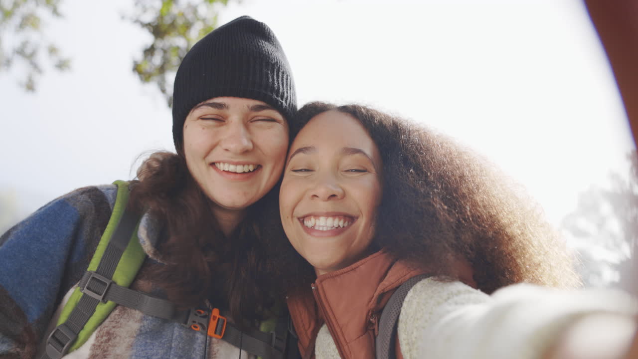 Selfie, peace sign and friends in nature