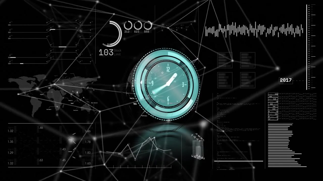 On launch, teal clock appearing over mesh backdrop, showing shifting years, visualizing data trends