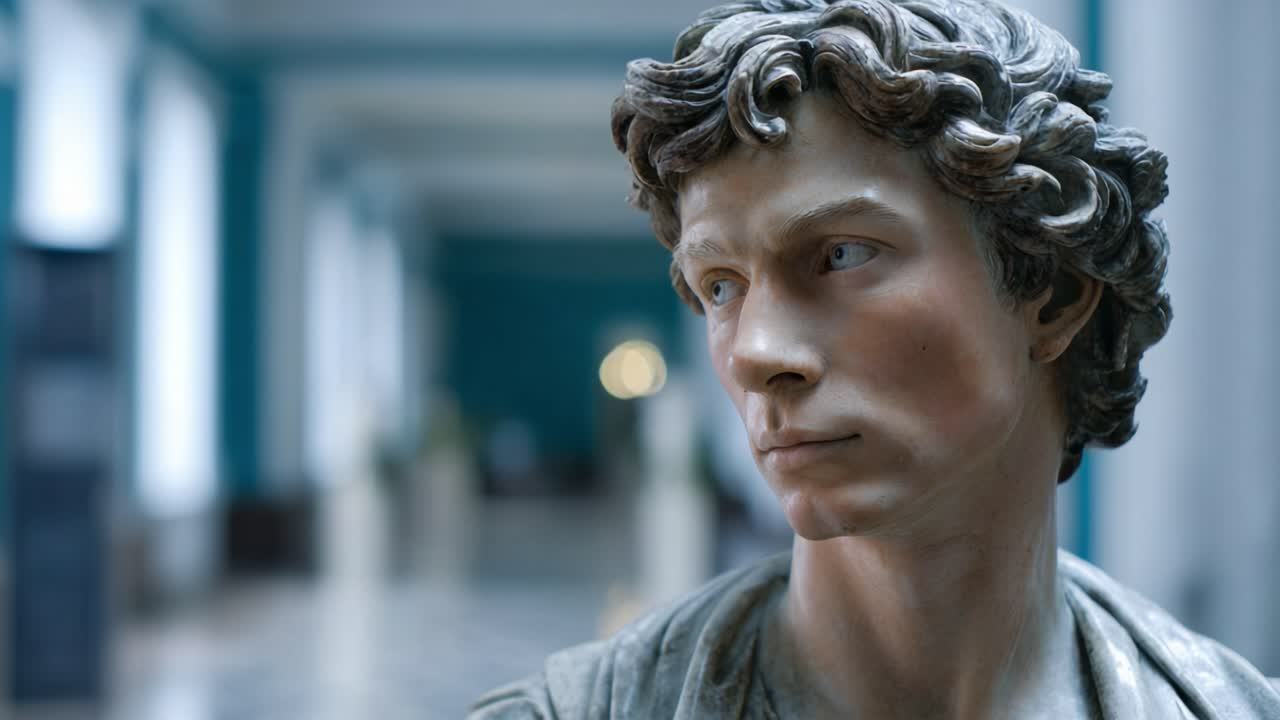 Uno sguardo dettagliato a una figura scolpita che raffigura un giovane uomo con capelli ricci in un'ambientazione museale, che mette in mostra la maestria artistica e le caratteristiche realistiche