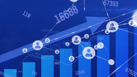 animation of financial data processing over network of connections with icons