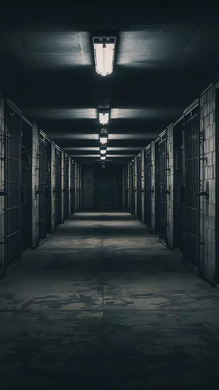 Vertical video: Camera recording center cell corridor to end door in prison with fluorescent lights