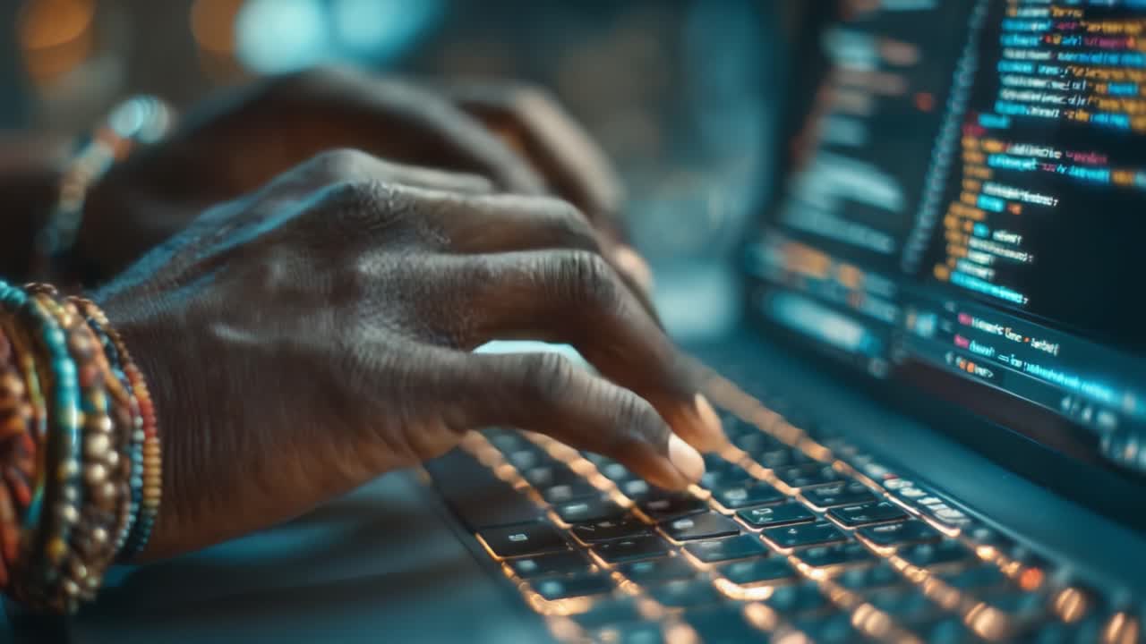 A Close-Up of a Focused Individual Coding on a Laptop, With Colorful Bracelets Adding Personality, Illuminating the Art of Programming and Technology in Action