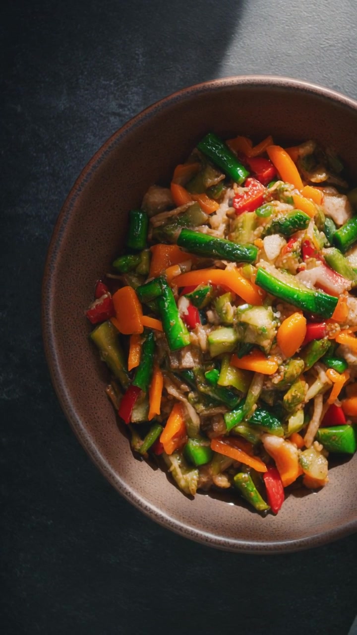 Ciotola di verdure fresche saltate in padella su superficie scura