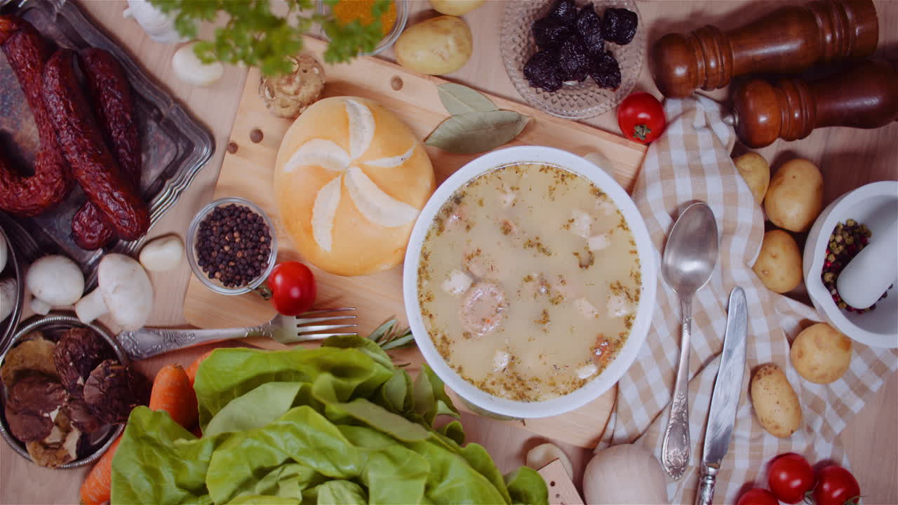 Polish Zurek Soup with Bread and Sausages