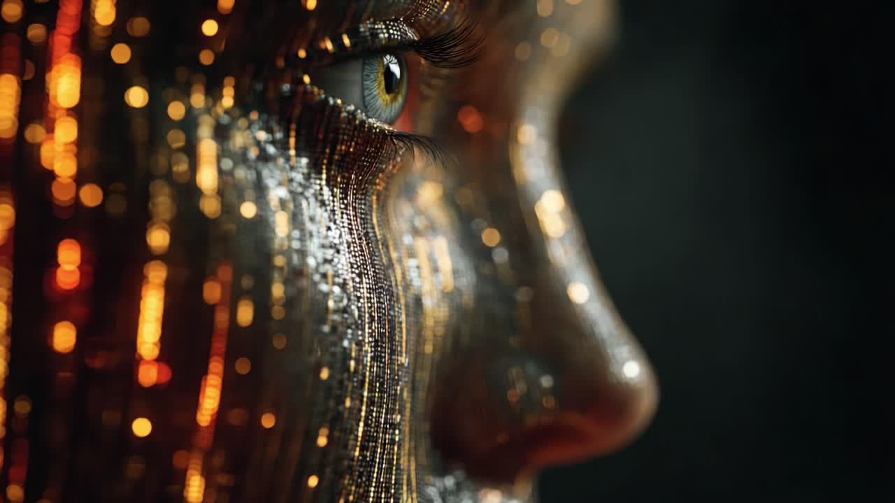 Primo piano complesso di un volto umano adornato da fili dorati e argentati scintillanti, che mettono in risalto l'occhio espressivo e la texture dell'innovativo design visivo che crea un'aura accattivante e misteriosa