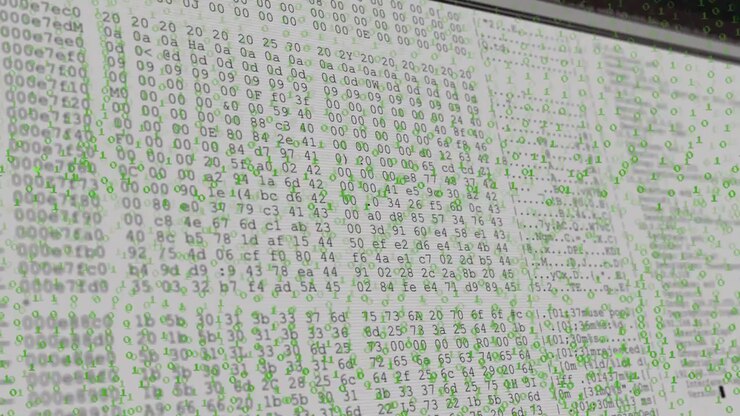 Cascading green binary rain starting monitor overlay, hex dump scrolling and showing data parsing