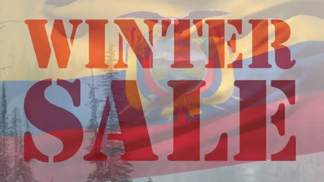 animation of winter sale text and landscape over waving flag of ecuador