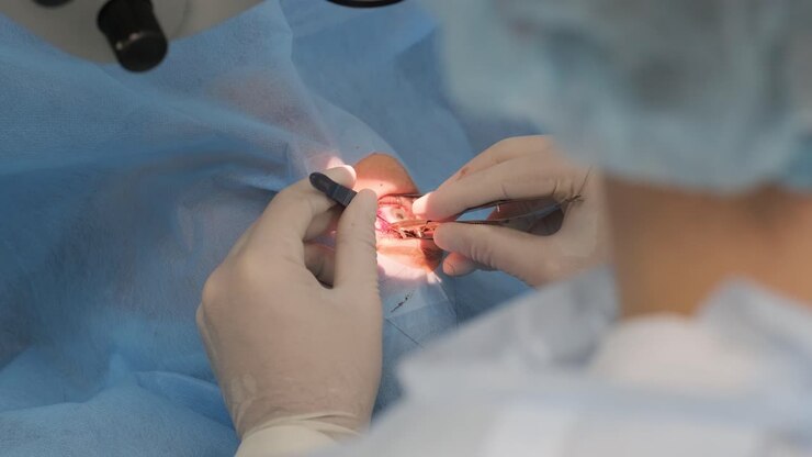 Surgery team making strabismus surgery using modern technologies, latest devices in modern clinic