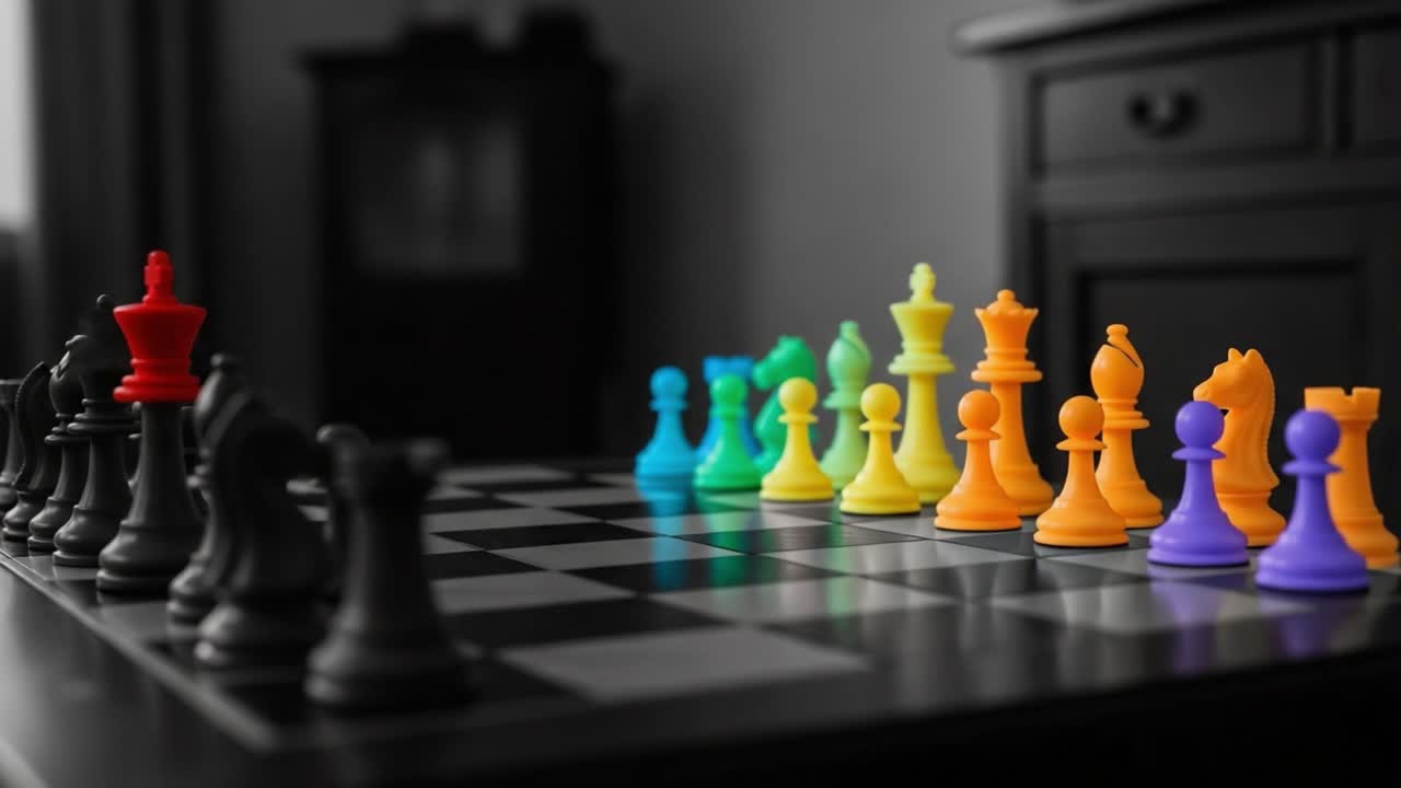 A Captivating Chess Game in Colorful Style: Strategically Arranged Pieces on a Black and White Chessboard Accent a Thoughtful Game of Skill and Tactics