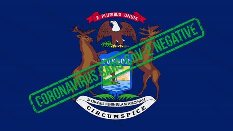 michigan us state swaying flag with green stamp of freedom from coronavirus, loop